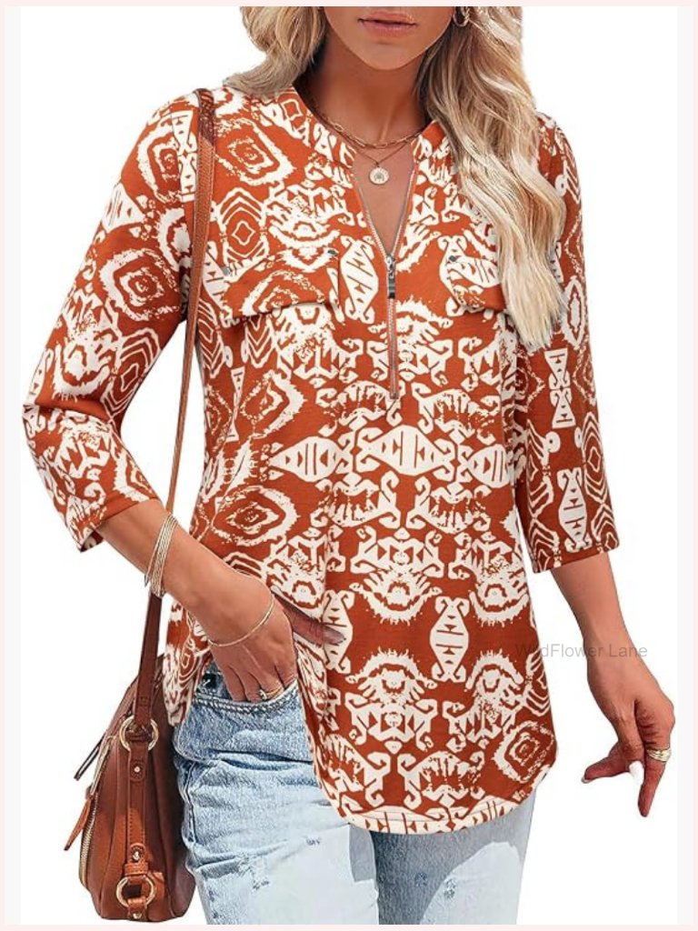 3/4 Sleeve V-Neck Zipper Tunic Blouse Plus Size Office Top